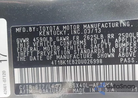 2013 Toyota Avalon Xle Premium из США, поврежденный, VIN 4T1BK1EB2DU026998